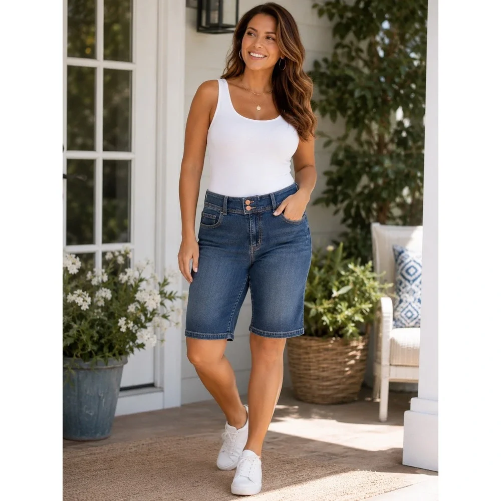 Levis 515 Womens Bermuda Shorts Dark Wash Denim Stretch Flap Pocket Size 14